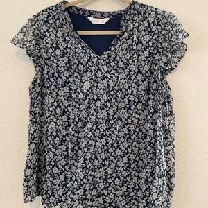 Lauren Conrad Short Sleeve Light and Flowy Blouse Size XL Floral Blue And White